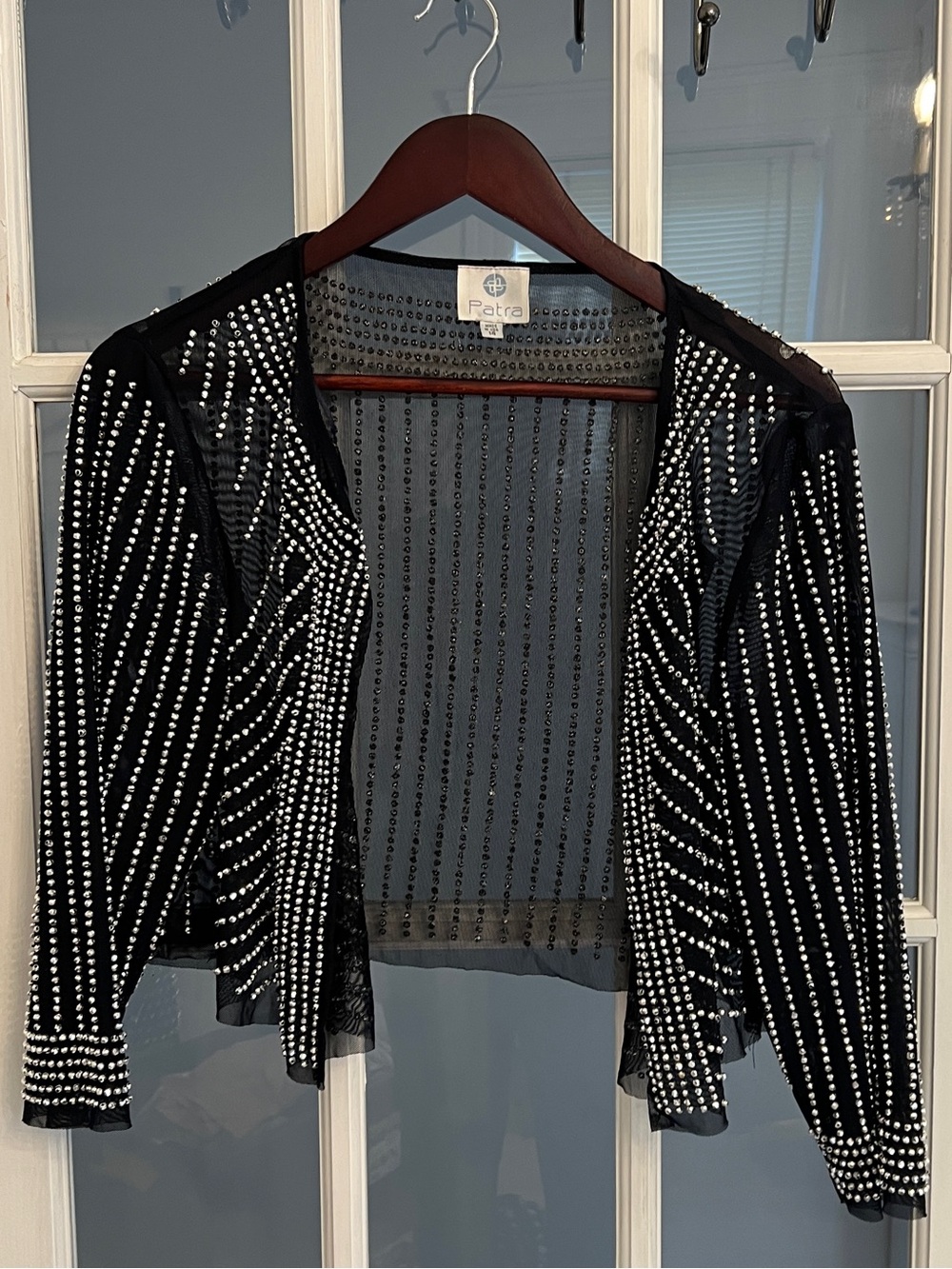 Patra Women’s Black Silver Sequin Sheer Mesh Open Front Evening Jacket USA Size